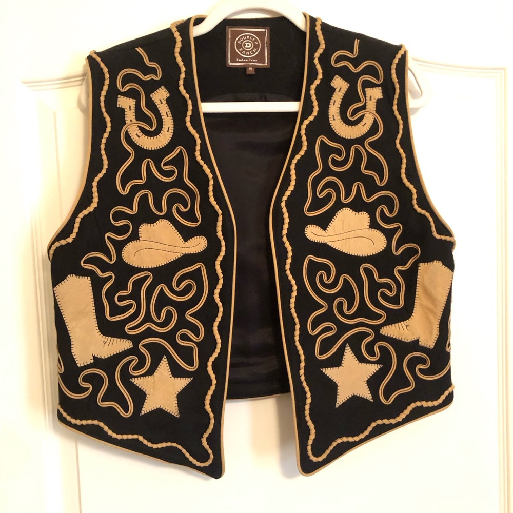 Vtg Double D Ranch Western Wool Leather Appliquéd Embroidered Vest Cowboy Rare - Picture 1 of 4